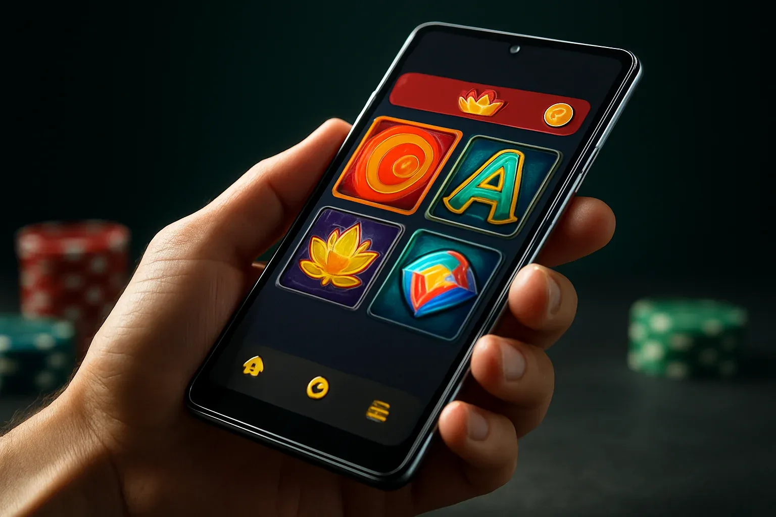 Flagship Android smartphone showing premium casino app interface in dramatic lighting