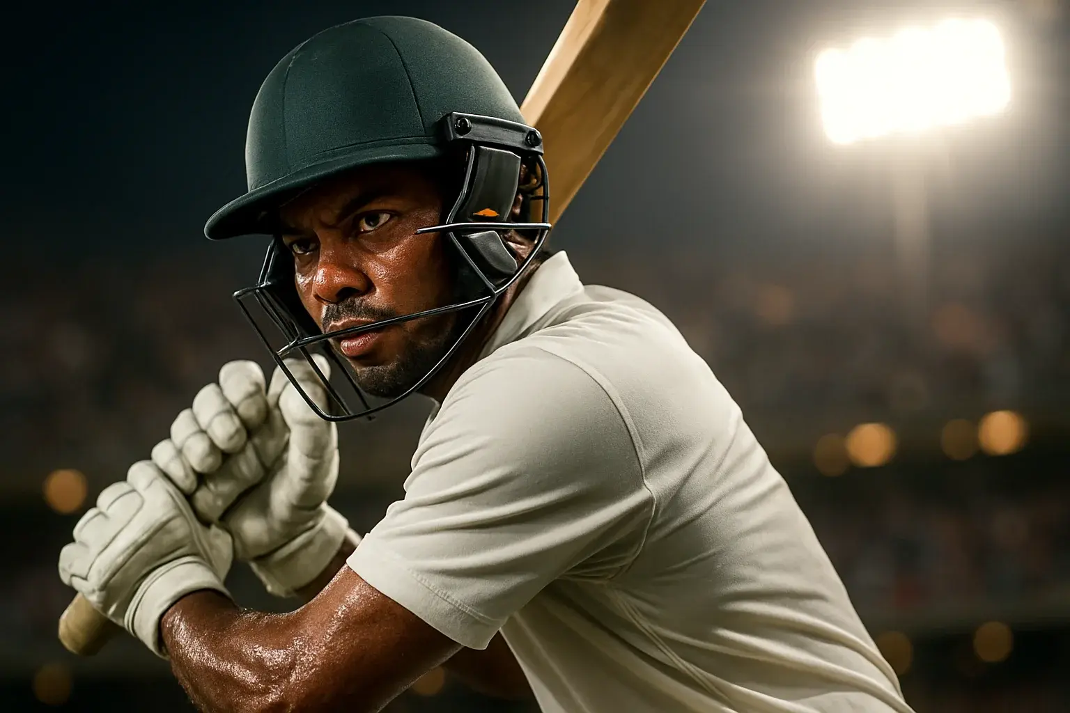 Bangladeshi male cricket batsman in white kit mid-swing under stadium lights