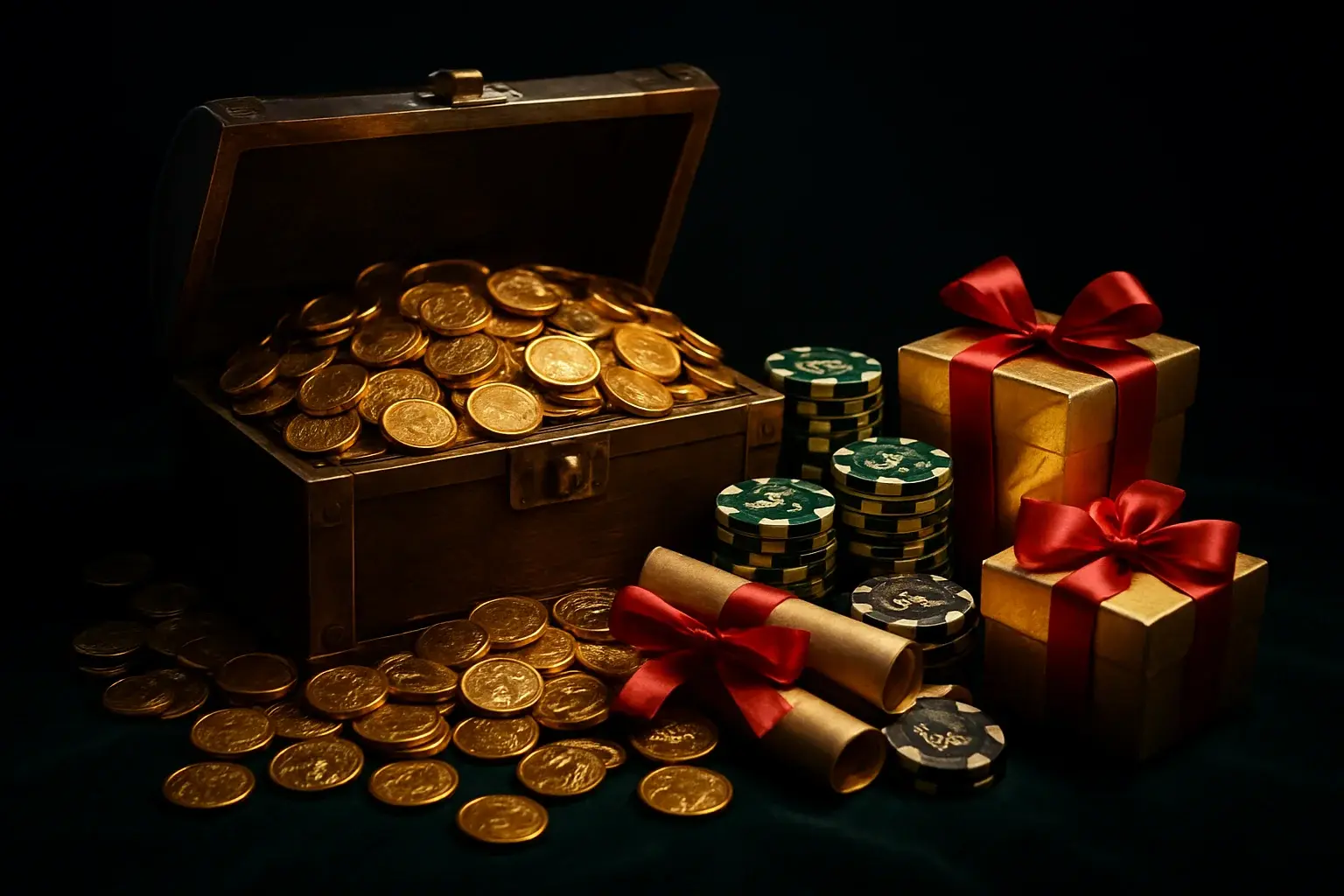 Overflowing treasure chest with coins, casino chips, vouchers, and gift boxes