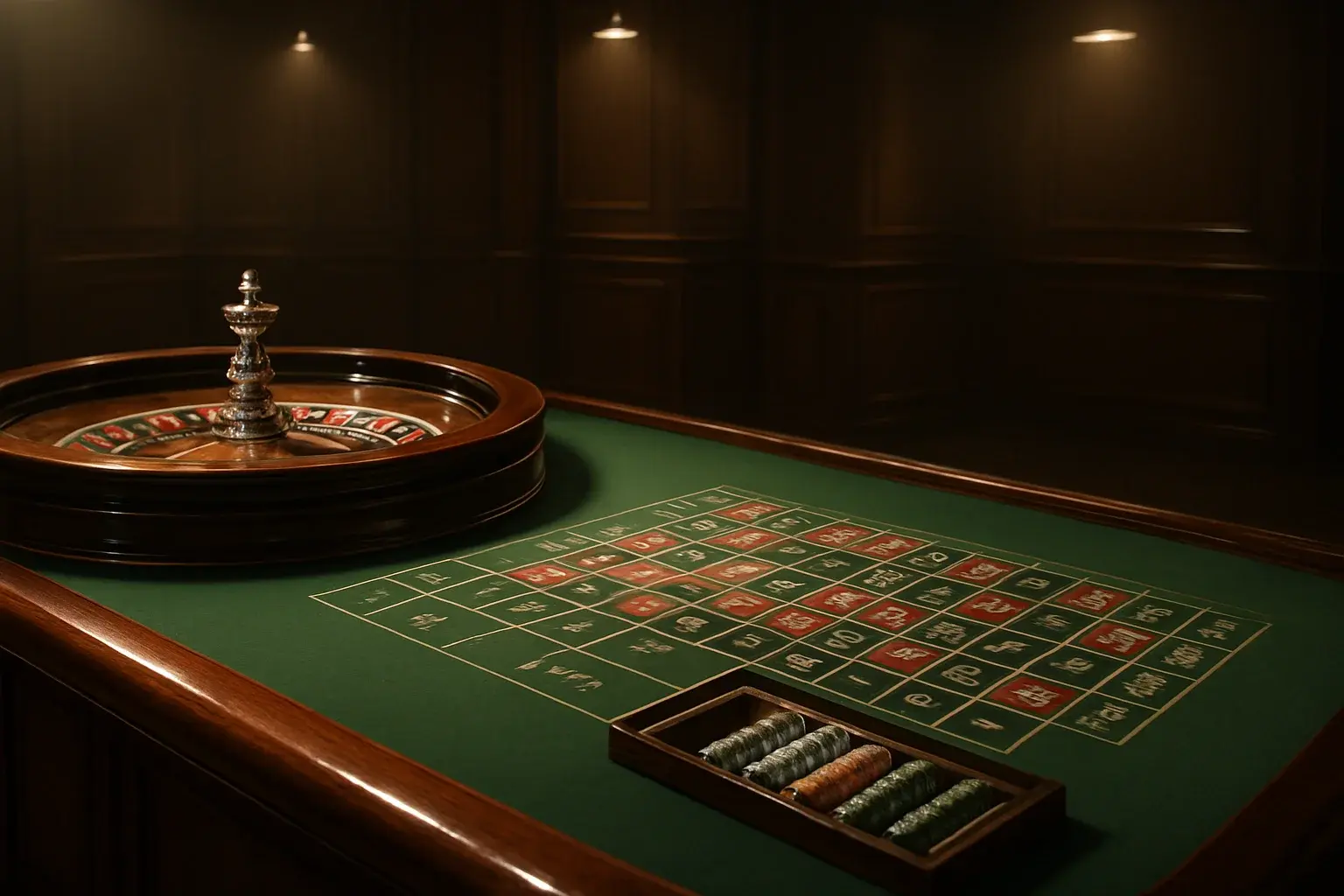 Hyperrealistic live casino studio with empty roulette table and dramatic lighting