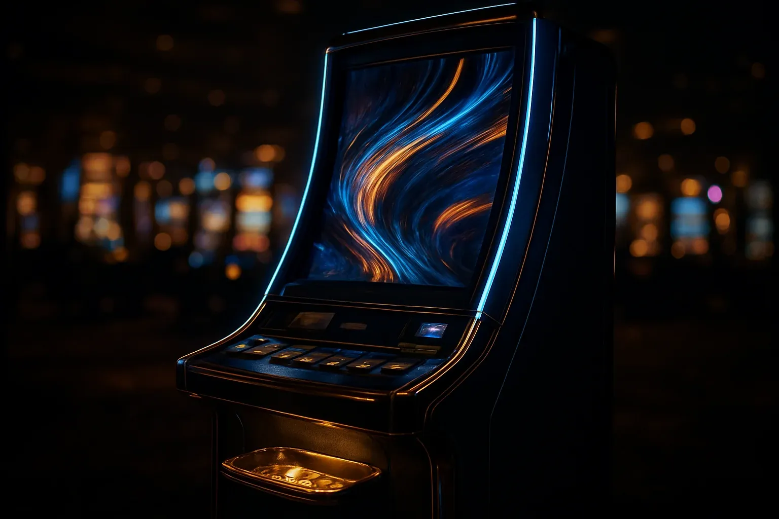Hyperrealistic premium slot machine glowing in dark luxury casino floor